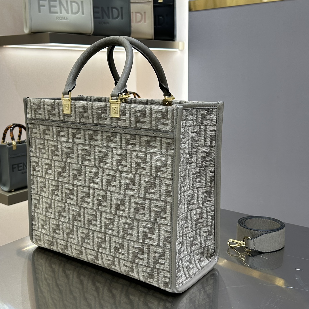 Fendi Medium Sunshine Shopper Grey FF Jacquard Fabric Bag 